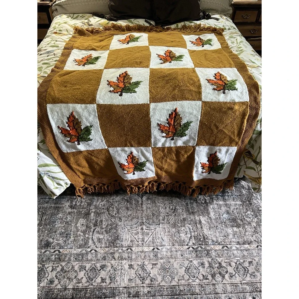 Hand-made Vintage Knitted Fall Colors Maple Leaf  Afghan Throw 65